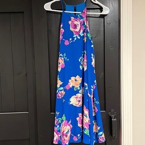 Blue floral dress size medium. High neck with keyhole button clasp in back.